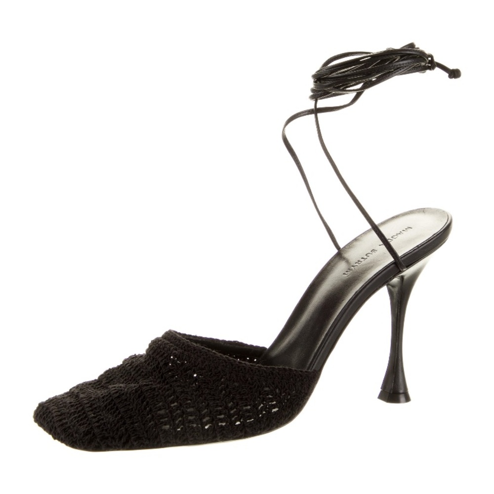 Black Magda Butrym Crochet Knit Ankle Wrap Heels Size 40